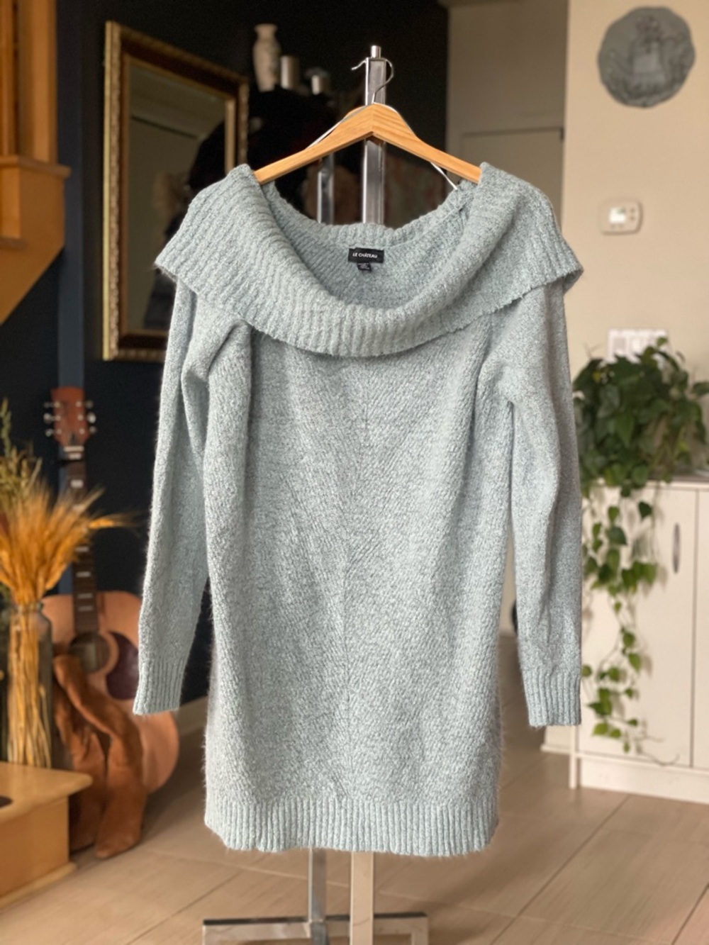 Cozy Off-Shoulder Light Sky Blue Knit Sweater Dress